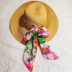 Lily Pulitzer Target Tan Straw Paper Pink Floral Ribbon Brimmed Sun Hat